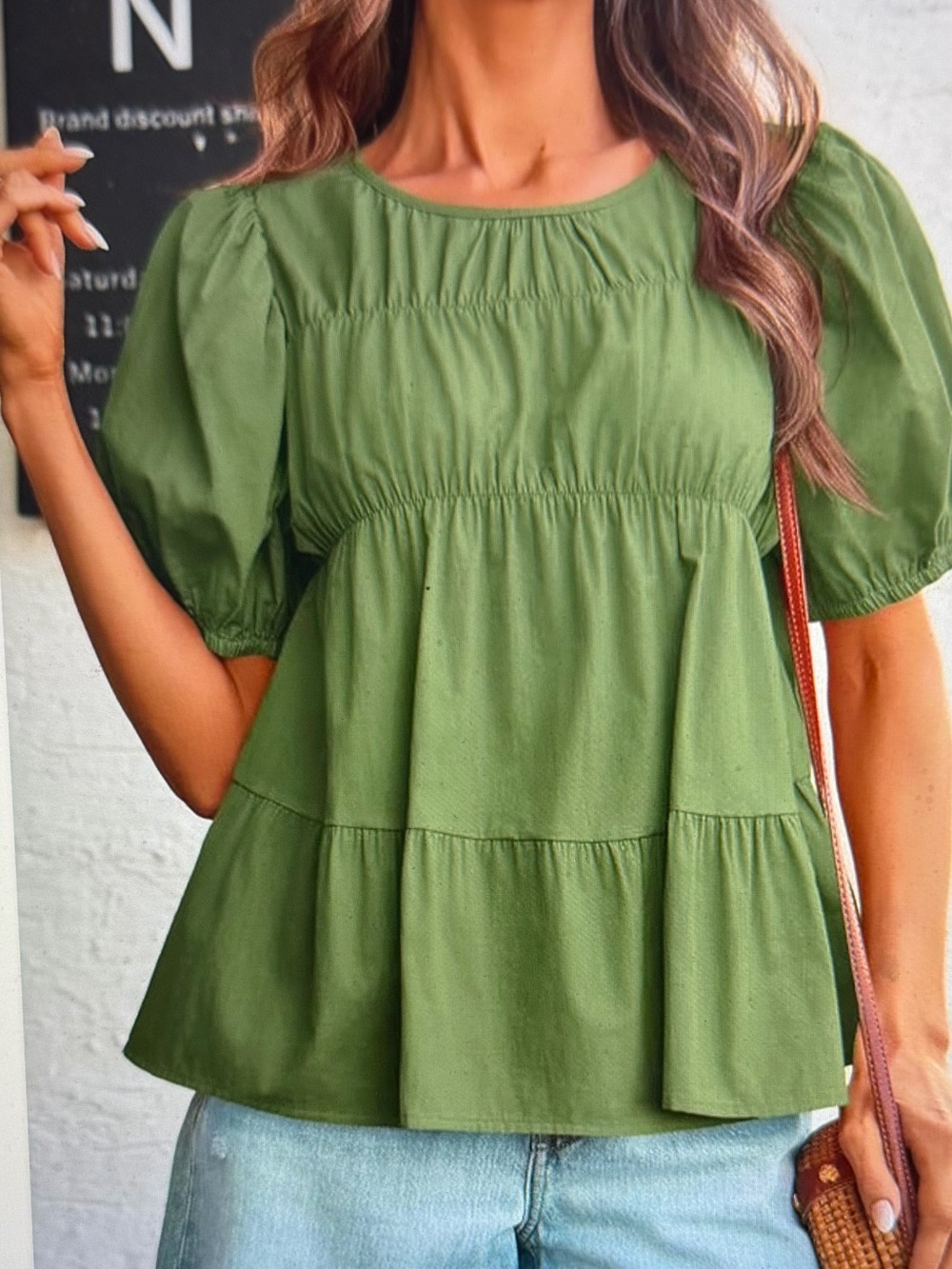 Women’s Army Green Puff Sleeve Baby Doll Tiered Blouse- 100% Cotton - NWT Size L